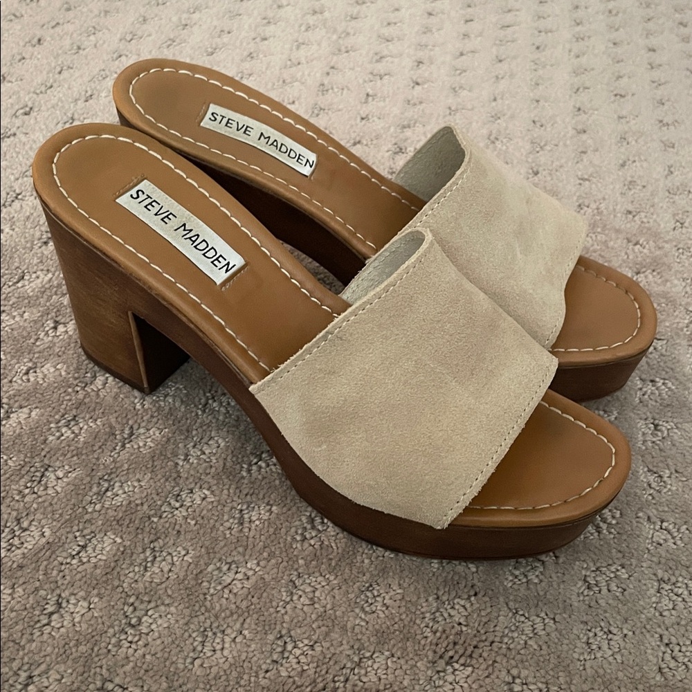 Steve Madden Tan Suede Block Heel Mules